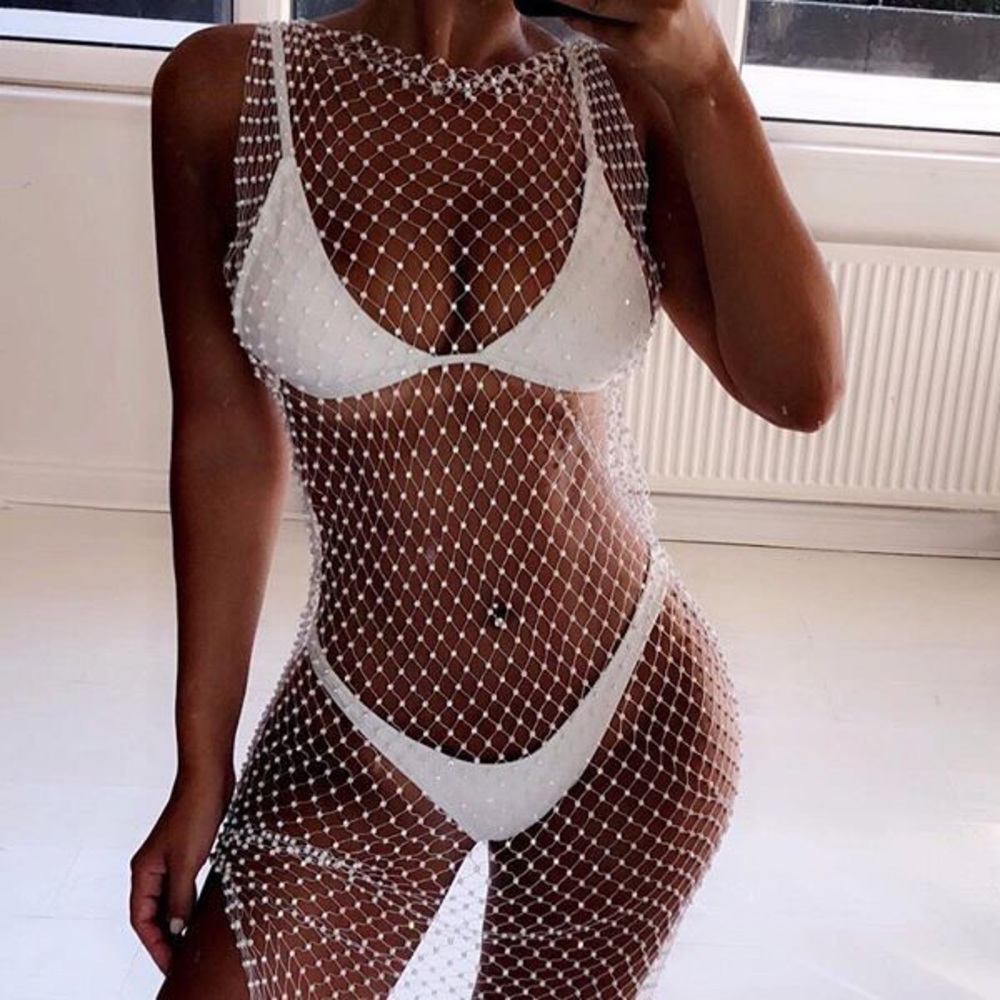 White Sheer Fishnet Rhinestone Dress - Picture 2 of 8